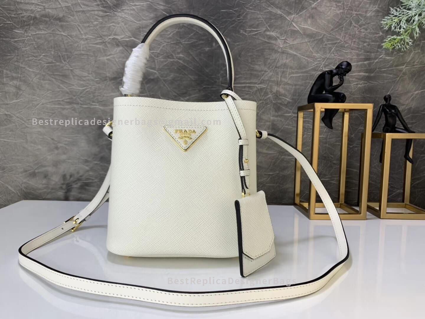 Prada White Mini Saffiano Leather Bucket Bag GHW 217